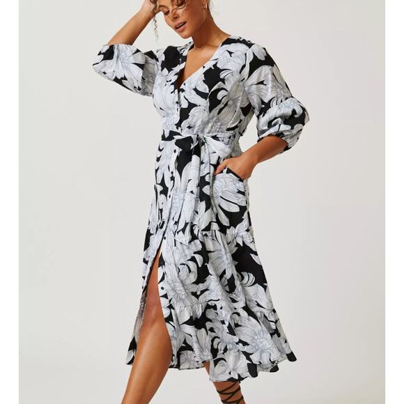 Maeve by Anthropologie Women's Puff-Sleeved Floral Midi Dress Black Gray SZ 18W - Picture 1 of 16
